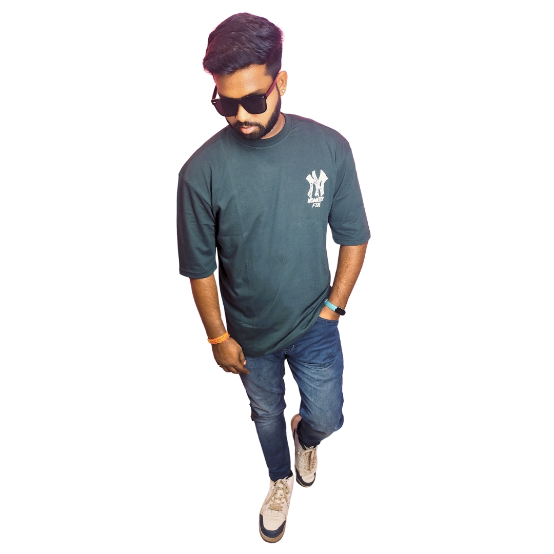 Green Down Shoulder Round Neck Green Printed Cotton T-shirt. - Image 6