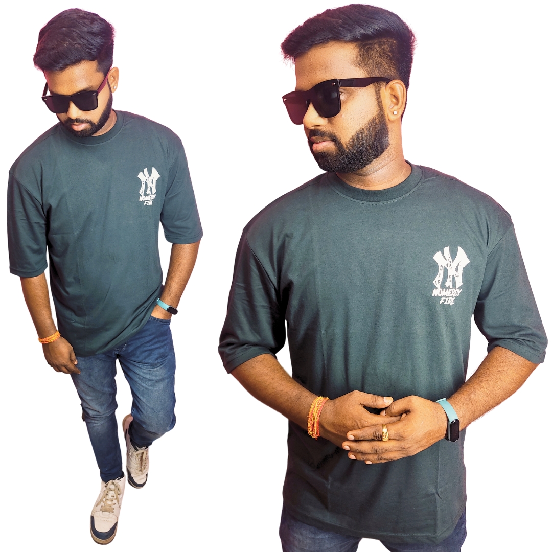 Green Down Shoulder Round Neck Green Printed Cotton T-shirt. - Image 3