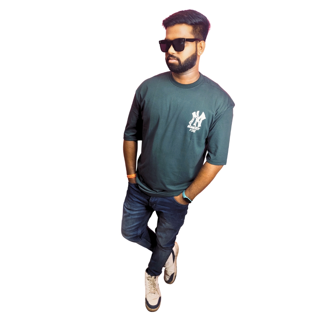 Green Down Shoulder Round Neck Green Printed Cotton T-shirt. - Image 4