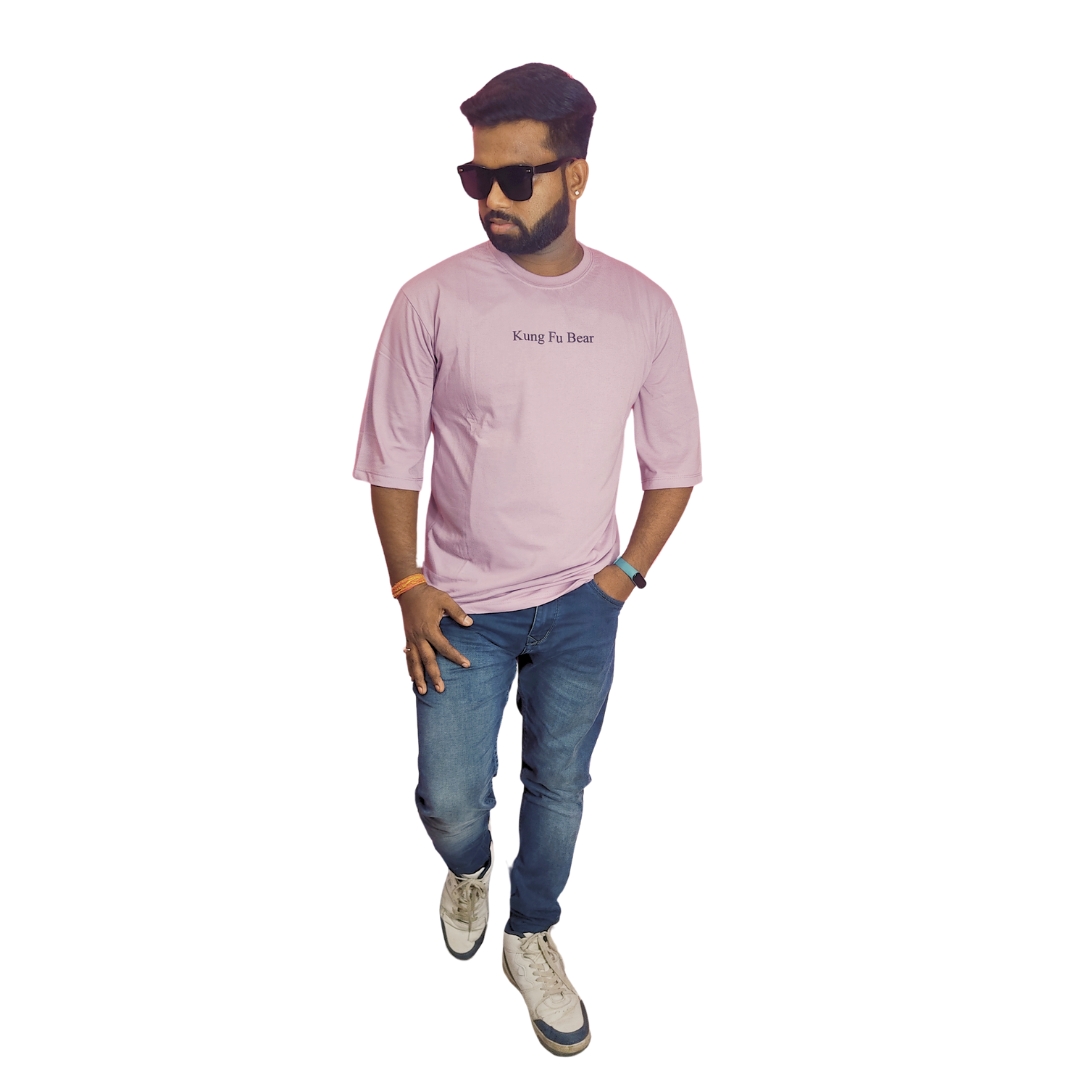 Pink Down Shoulder Round Neck Back Printed Bio Wash Cotton T-shirt .