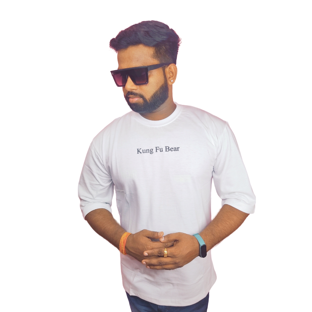 White Down Shoulder Round Neck Back Printed Bio Wash Cotton T-shirt .