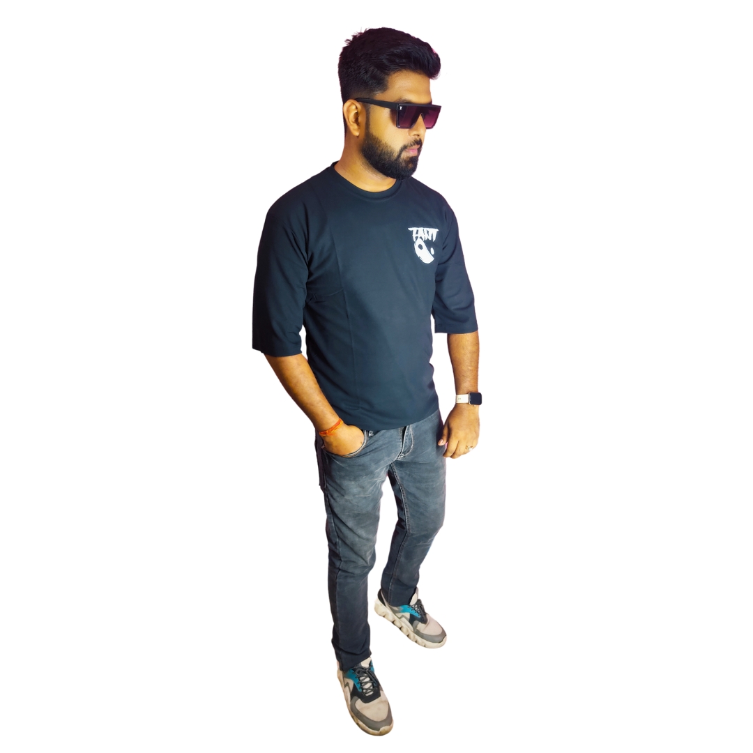 Black Down Shoulder Round Neck Back Printed Cotton Matty T-shirt. - Image 5