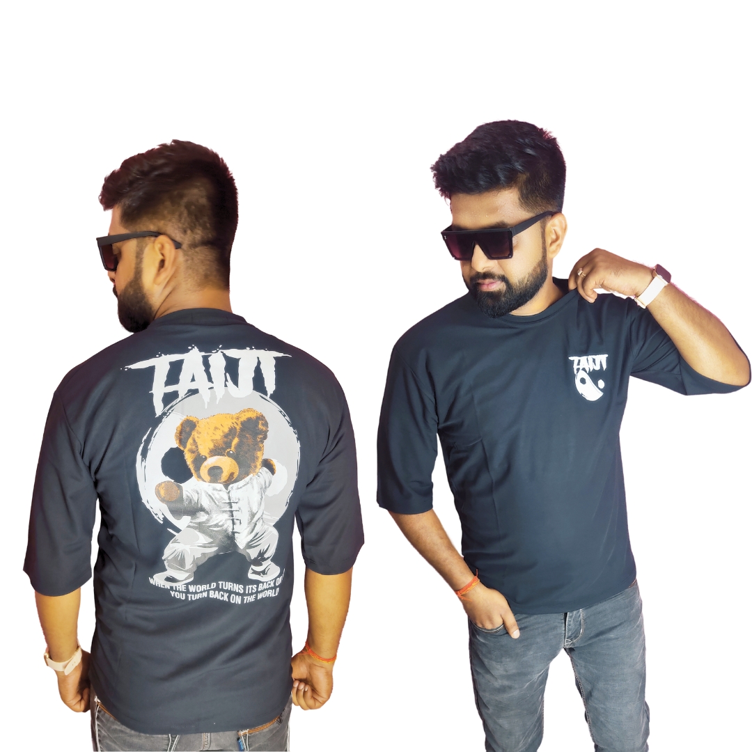 Black Down Shoulder Round Neck Back Printed Cotton Matty T-shirt. - Image 3