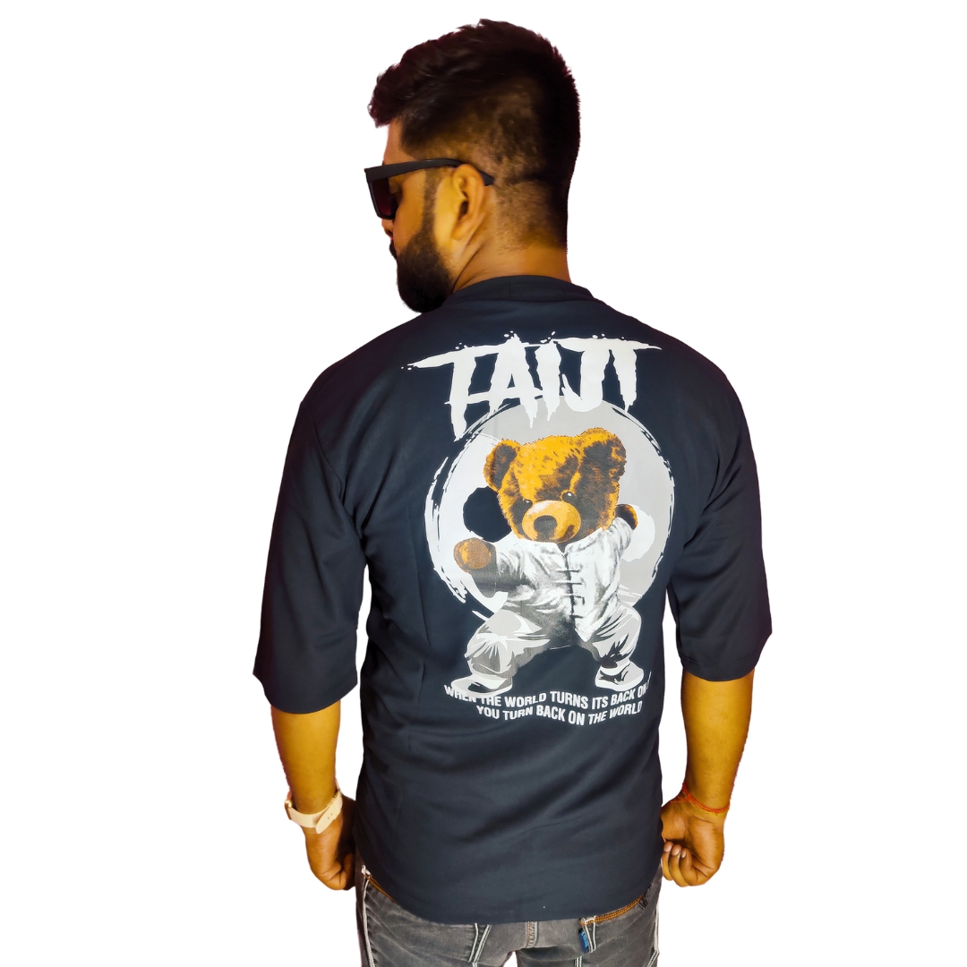 Black Down Shoulder Round Neck Back Printed Cotton Matty T-shirt. - Image 6