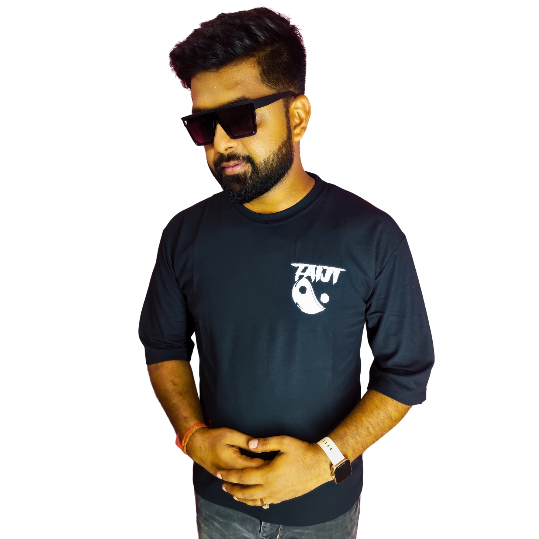 Black Down Shoulder Round Neck Back Printed Cotton Matty T-shirt. - Image 2