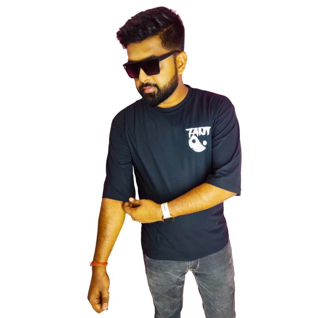 Black Down Shoulder Round Neck Back Printed Cotton Matty T-shirt. - Image 7