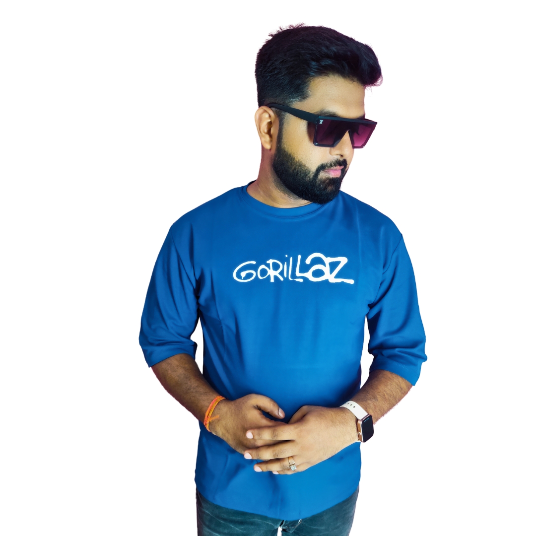 Navy Blue Down Shoulder Round Neck Back Printed Cotton Matty T-shirt.