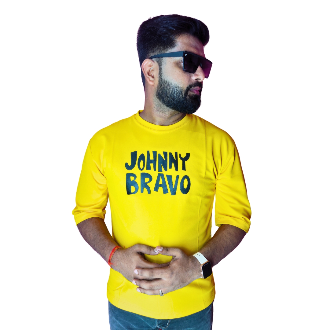 Yellow Down Shoulder Round Neck Back Printed Cotton Matty T-shirt.